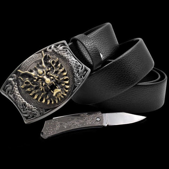 Men's Brave Dragon Leather Belt With Folding Knife - Dragon - 46 - image 0