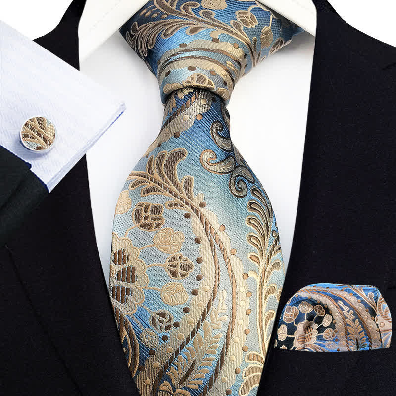3Pcs Men's Novelty Blue & Brown Paisley Necktie Set - Blue & Brown - image 0