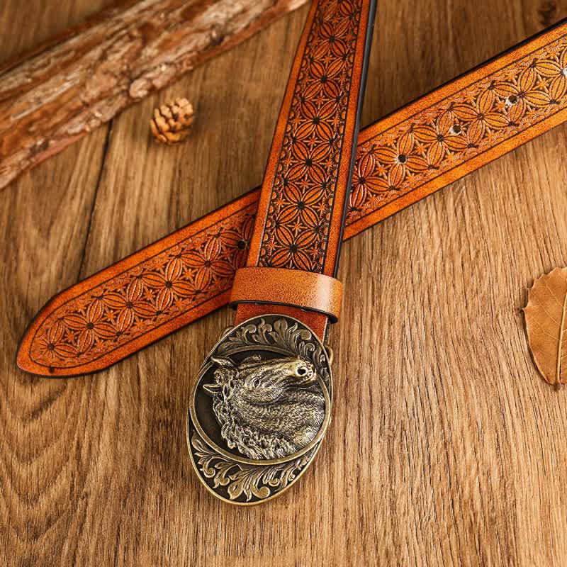 Men's Engraved Horse Floral Print Leather Belt - image 1