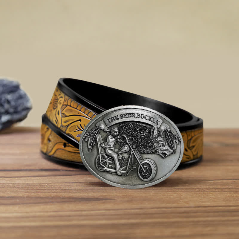 Men's DIY Motorcycle Creative Beer Holder Buckle Leather Belt - Silver - SandyBrown Belt (40) - image 28
