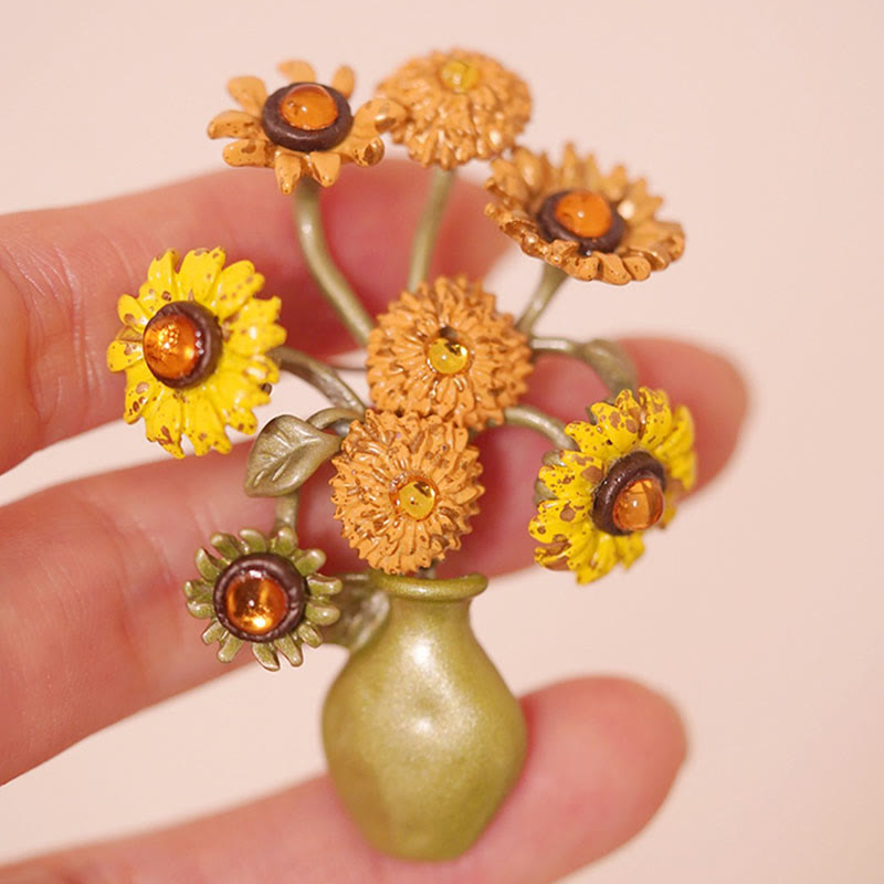 Women's Enamel Sunflower Vase Brooch - image 3