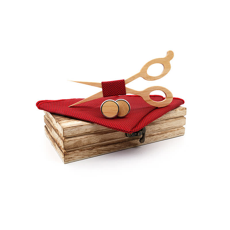 3Pcs Men's Scissors Wooden Bow Tie Set - Red - image 0