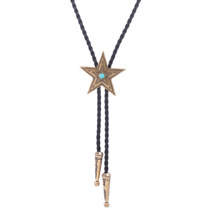 Vintage Natural Stone Star Pendant Necklace Bolo Tie - Turquoise - Antique Gold - image 7