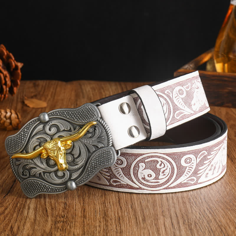Men's Square Golden Longhorn Bull Leather Belt - Style #6 - 42 - image 11
