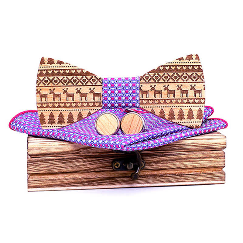 3Pcs Men's Christmas Theme Pattern Wooden Bow Tie Set - Violet - image 10