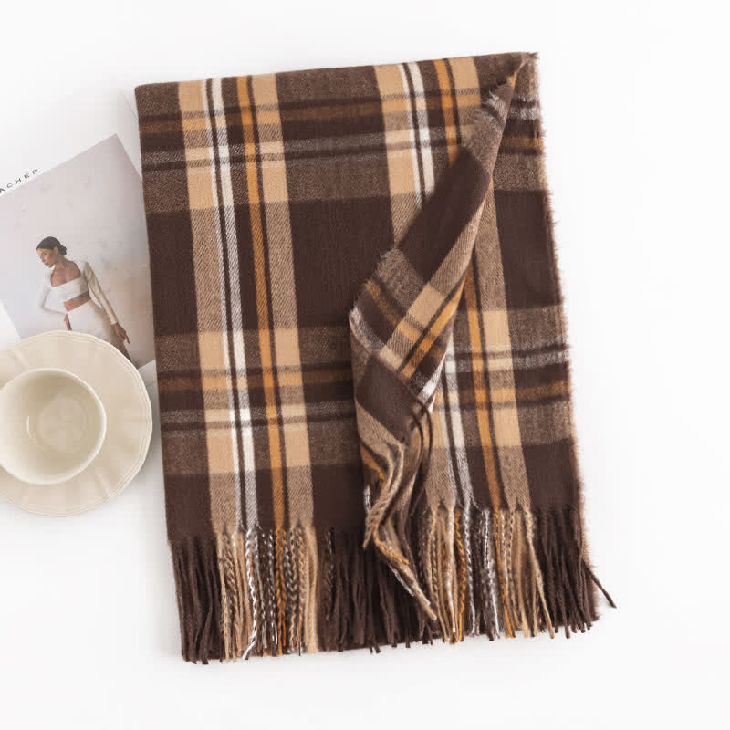 Women's Versatile British Checked Fringe Scarf - Brown - image 13