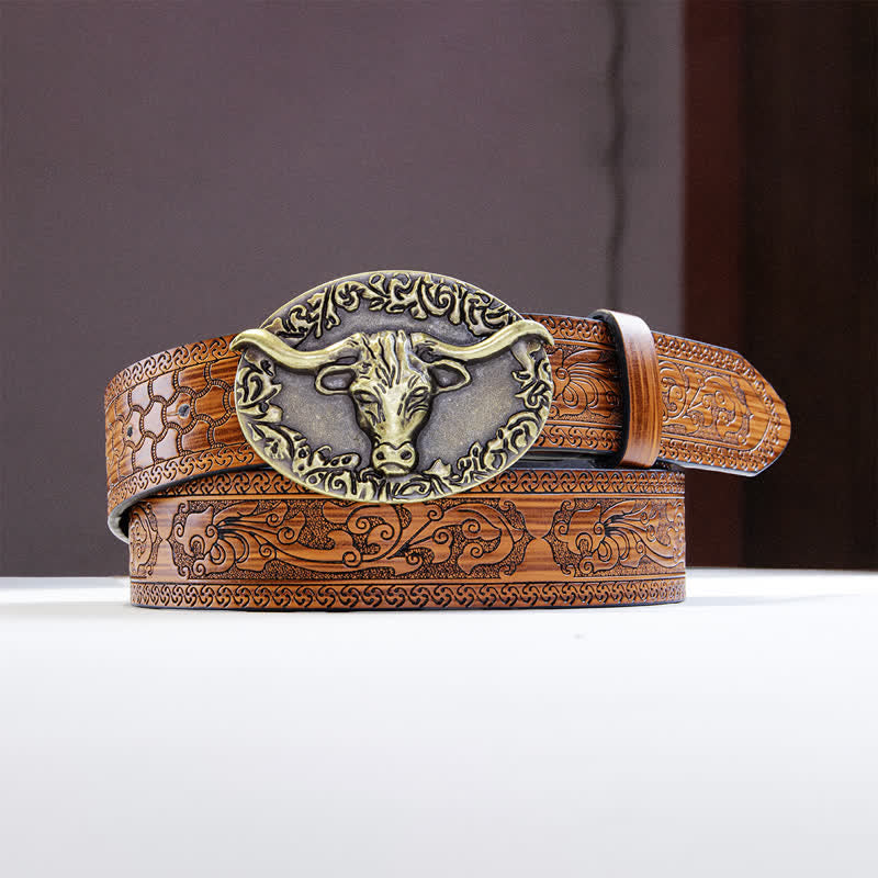 Men's Vintage Bull Head Brown Embossed Leather Belt - image 2