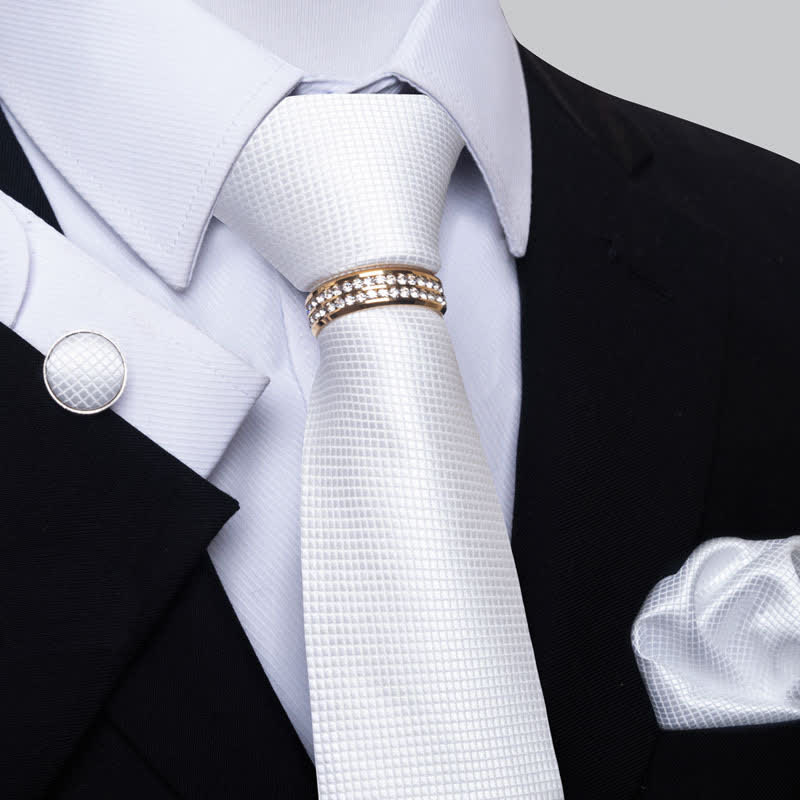 4Pcs Men's Micro-checked Necktie Set With Tie Ring - White - image 8
