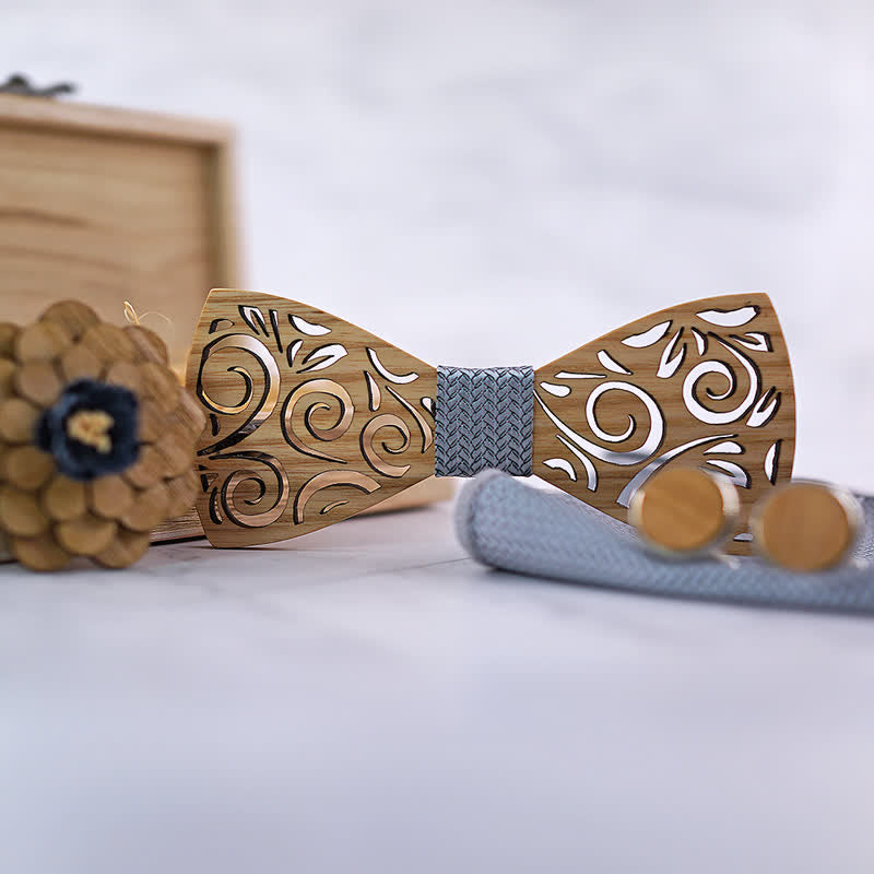 4Pcs Men's Hollow Leaf Design Wooden Bow Tie Set - image 7