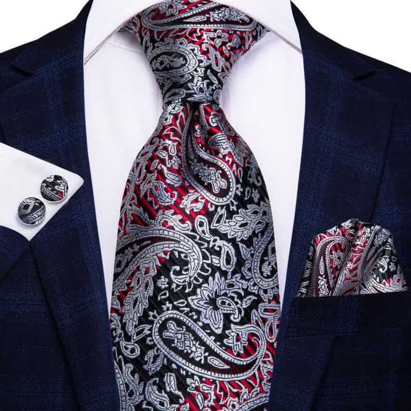 Red & Black 3Pcs Men's Paisley Necktie Set - Red & Black - image 0