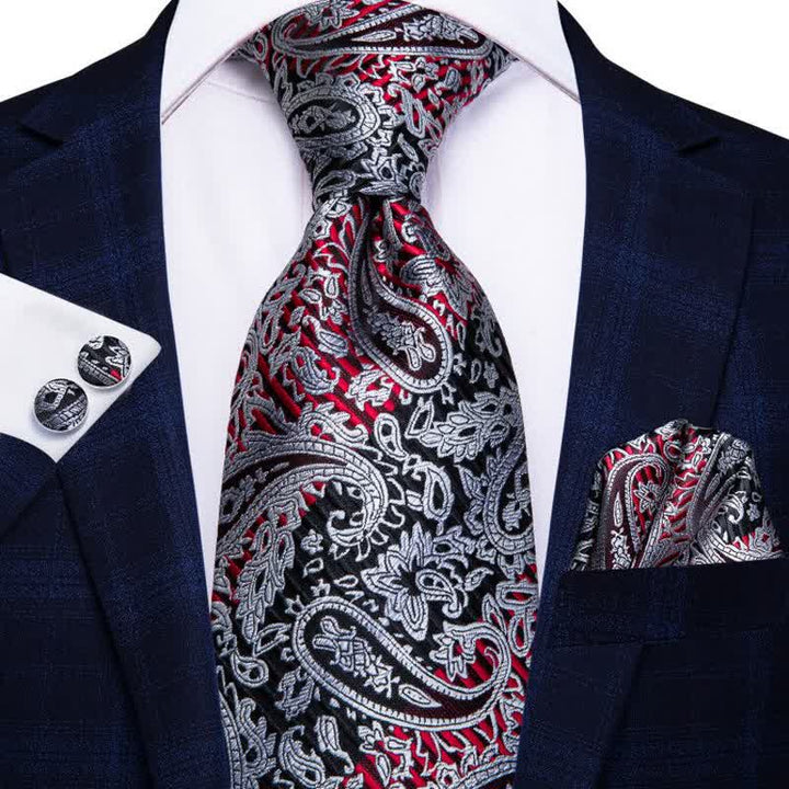 Red & Black 3Pcs Men's Paisley Necktie Set - Red & Black - image 0