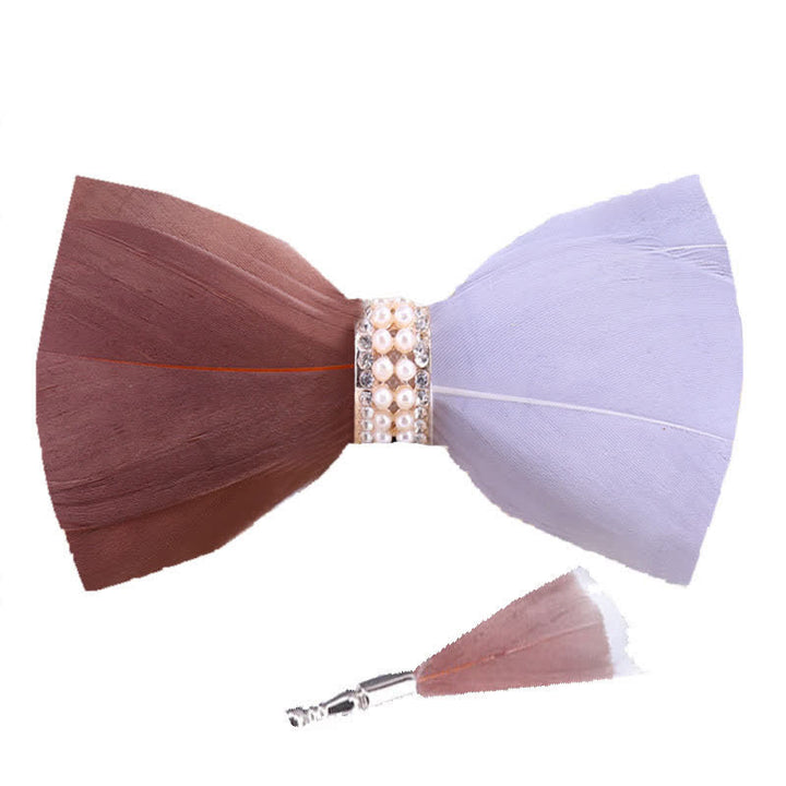 Brown & White Shiny Pearl Feather Bow Tie with Lapel Pin - image 3