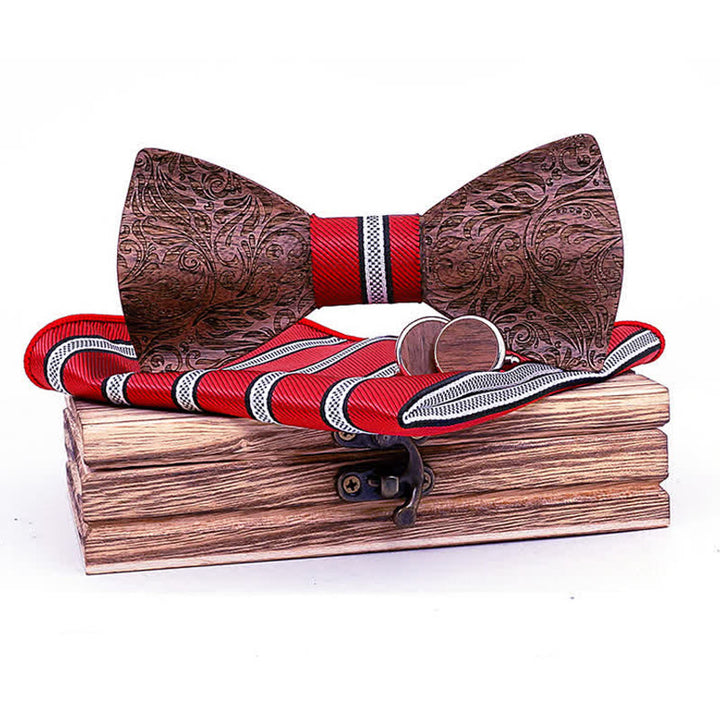 3Pcs Men's Black Walnut Paisley Wooden Bow Tie Set - Red Stripes - image 0