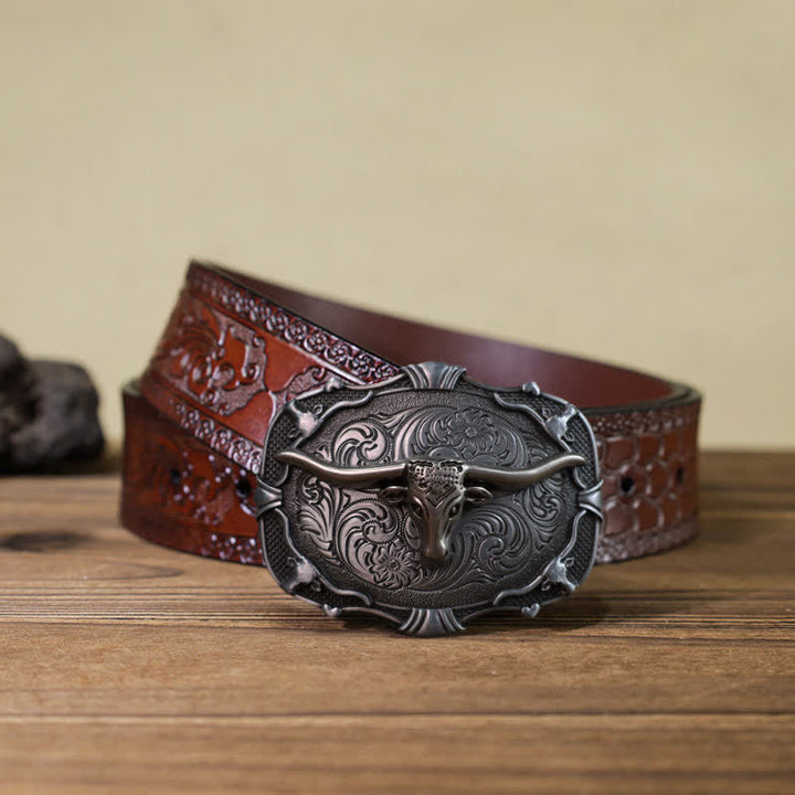 Men's DIY Silver Longhorn Bull Square Buckle Leather Belt - Bull - Brown Carved Belt (40) - image 10