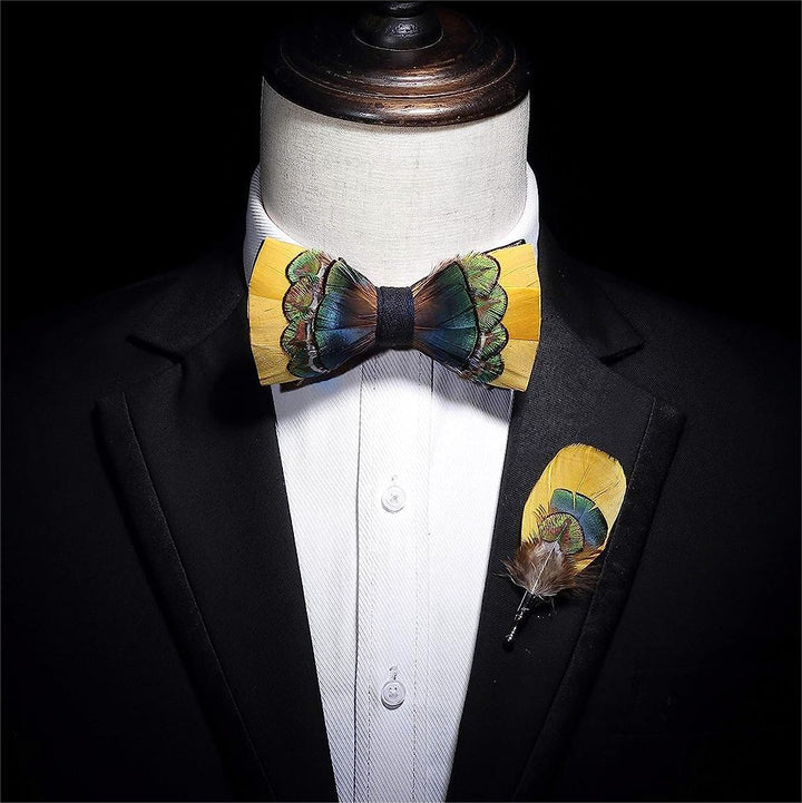 Bright Yellow & Green Peacock Feather Bow Tie with Lapel Pin - image 2