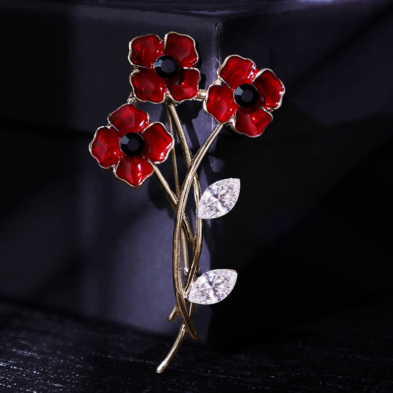 Unisex Red Poppy Bouquet Posy Stem Brooch - Gold - image 0