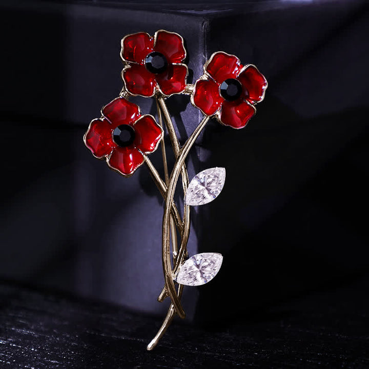 Unisex Red Poppy Bouquet Posy Stem Brooch - Gold - image 0