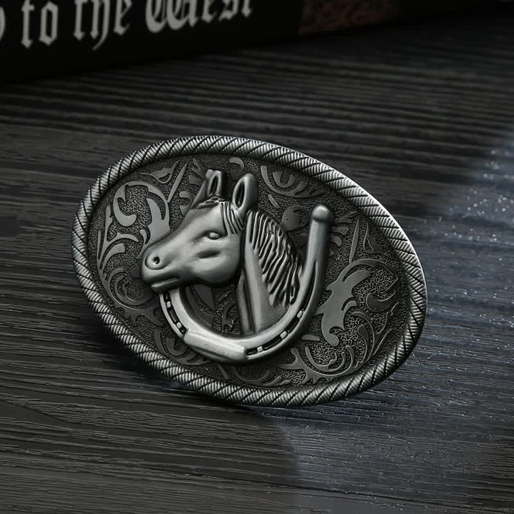 Men's DIY Antique Silver Horseshoe Buckle Leather Belt - Horseshoe - Without Belt - image 0