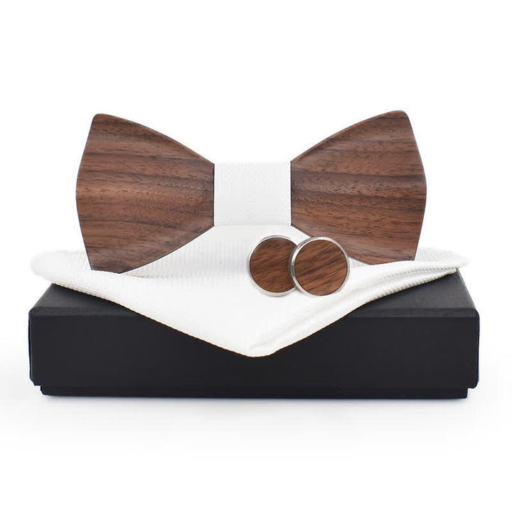3Pcs Men's Plain Checkered Wooden Bow Tie Set - White - image 2