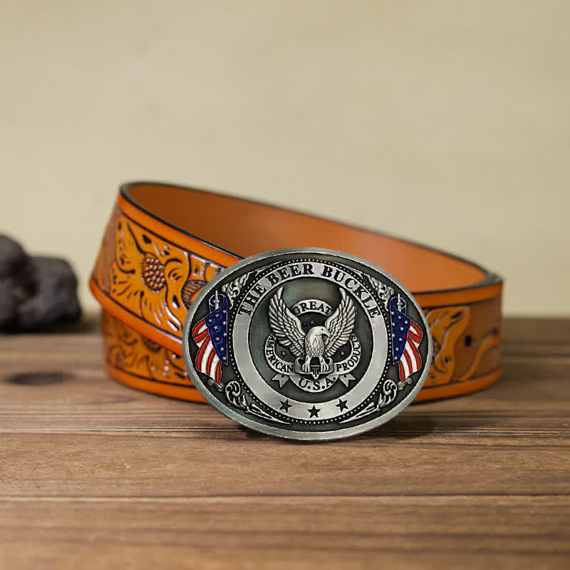 Men's DIY Eagle USA Flag Creative Beer Holder Buckle Leather Belt - Silver - Orange Carved Belt (40) - image 35