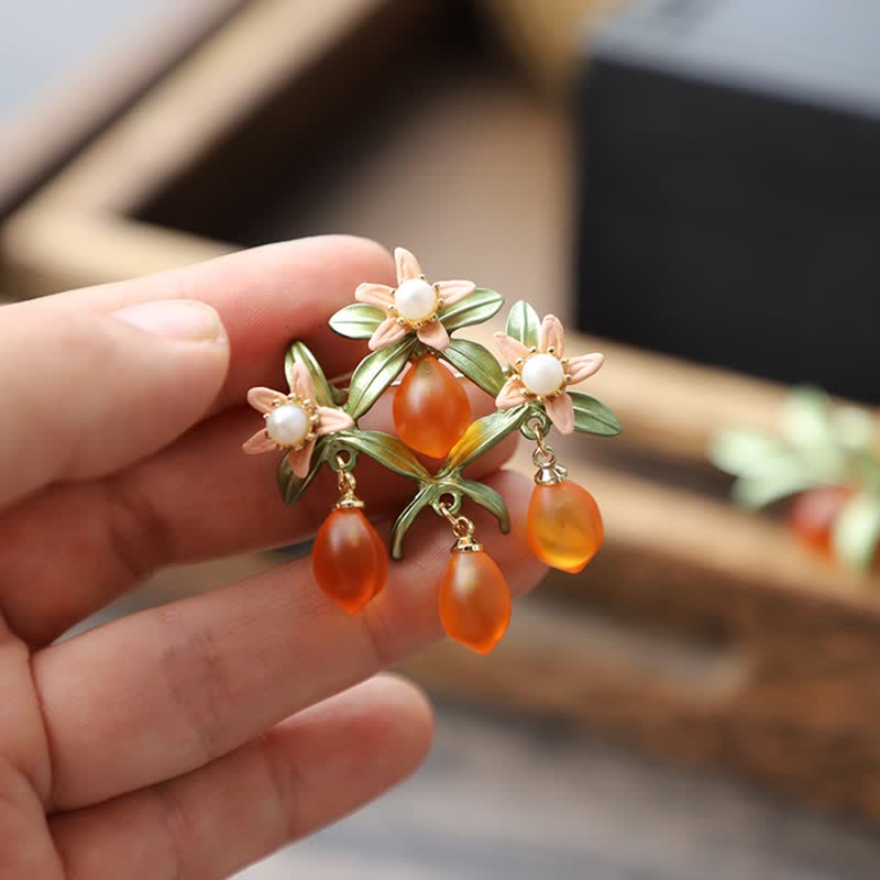Women's Pastoral Orange Fruit Berry Brooch - Orange With Blossom - image 4