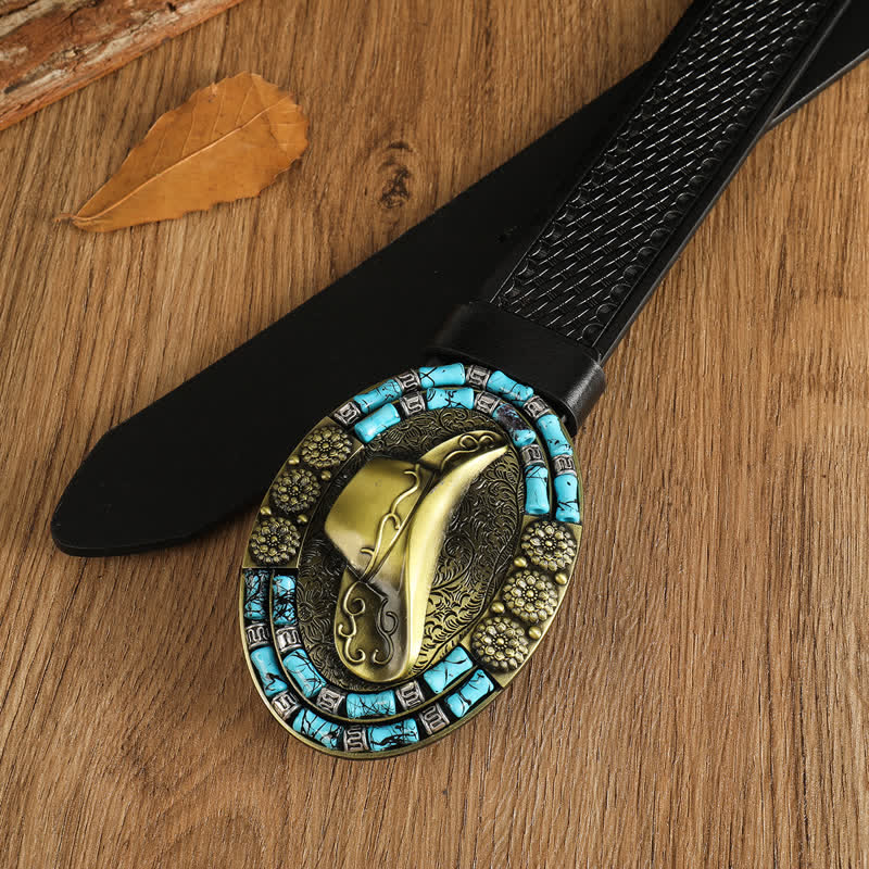 Men's Cowboy Gold Hat Turquoise Decor Leather Belt - image 9