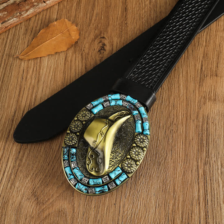 Men's Cowboy Gold Hat Turquoise Decor Leather Belt - image 9