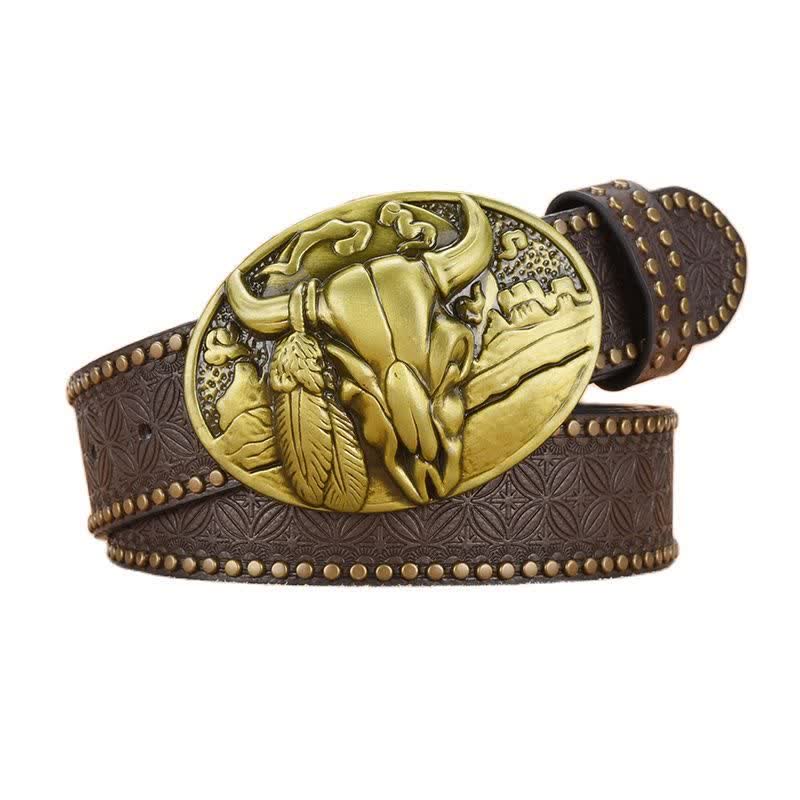 Men's Bull Head Buckle Rivet Decor Leather Belt - image 0