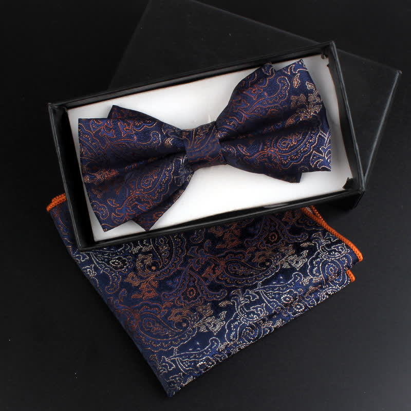 2Pcs Men's Neoclassical Paisley Floral Bow Tie Set - Navy - image 2