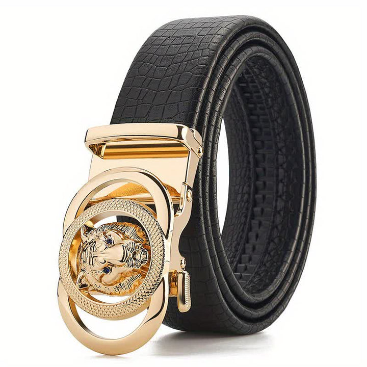 Men's Snake Pattern Leopard Head Buckle Leather Belt - Gold - 46 - image 7