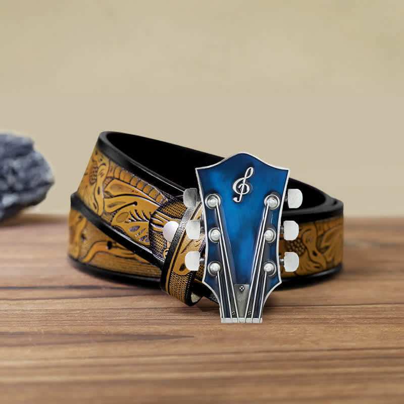 Men's DIY Musical Guitar Headstock Buckle Leather Belt - Blue - SandyBrown Belt (40) - image 27