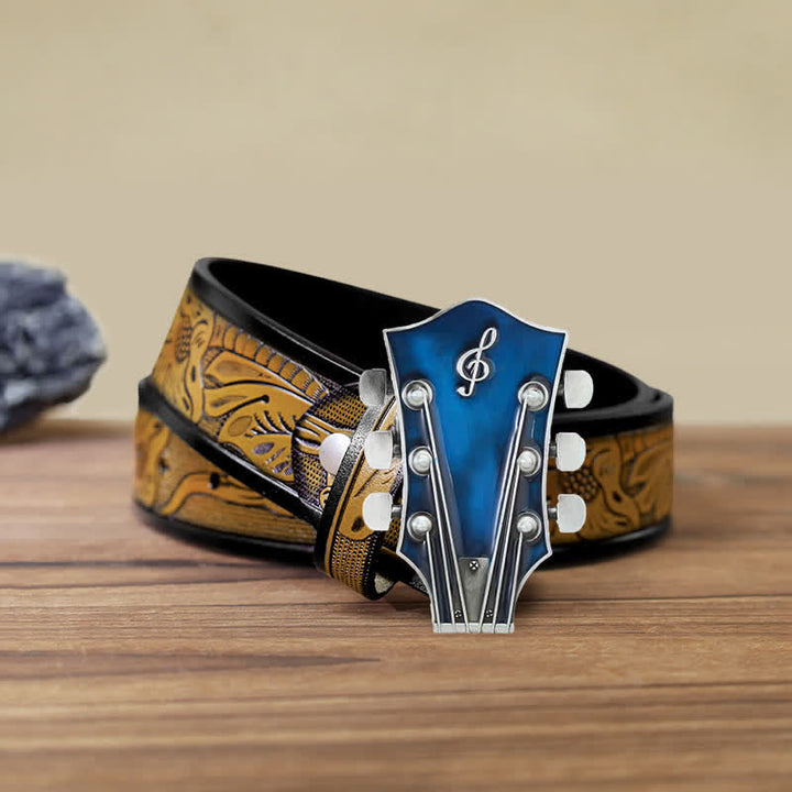 Men's DIY Musical Guitar Headstock Buckle Leather Belt - Blue - SandyBrown Belt (40) - image 27