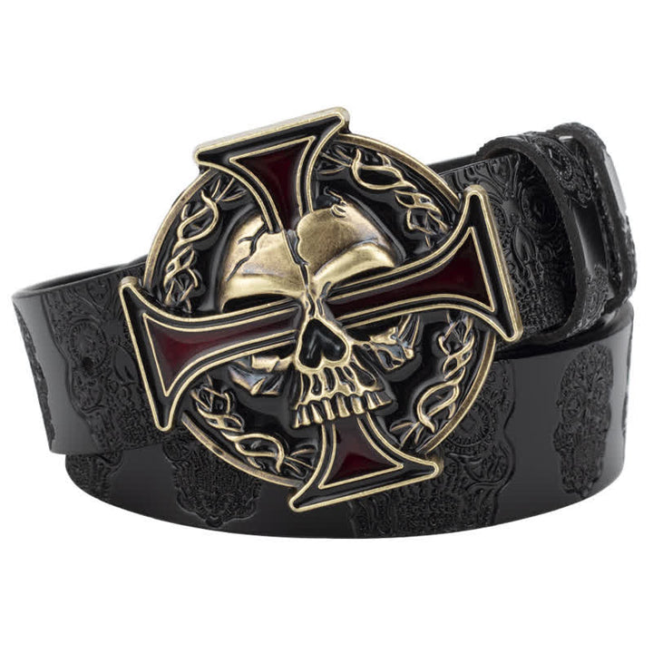 Men's Cross Skull Embossed Pattern Leather Belt - Black / Gold - 46 - image 10