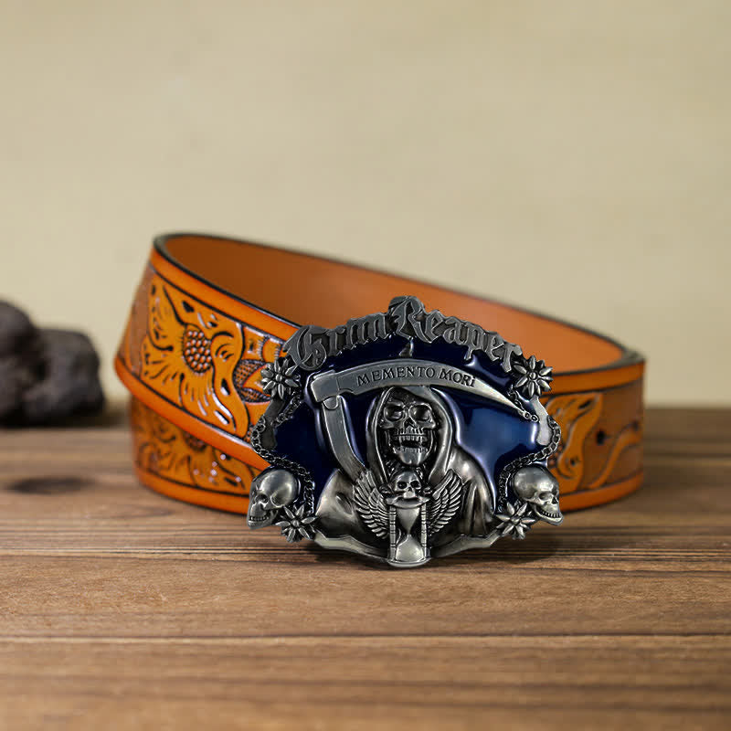 Men's DIY Death Sickle Skull Buckle Leather Belt - Skull - Orange Carved Belt (40) - image 15