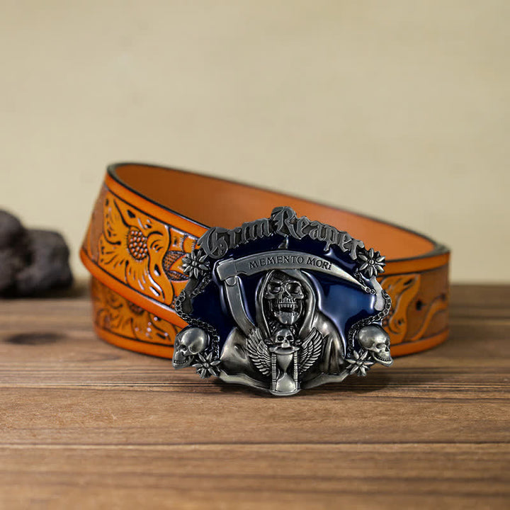 Men's DIY Death Sickle Skull Buckle Leather Belt - Skull - Orange Carved Belt (40) - image 15