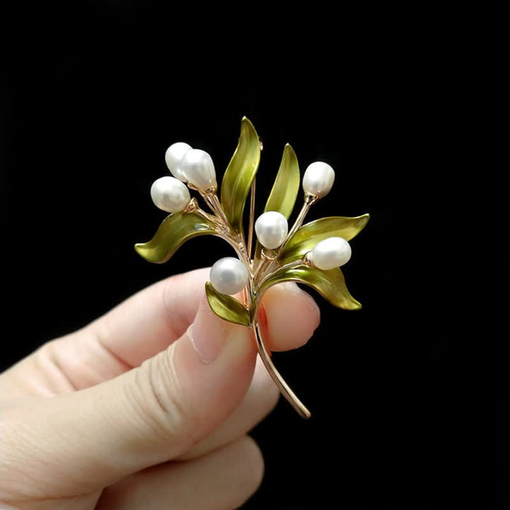 Women's Natural Pearl Olive Branch Brooch - Olive - image 0