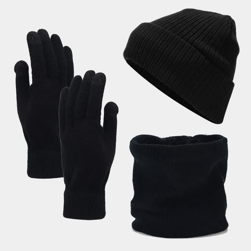 3Pcs Unisex Solid Color Twill Hat Scarf Gloves Set - Black - Adjustable (Approx. 22"-22 7/8") - image 12