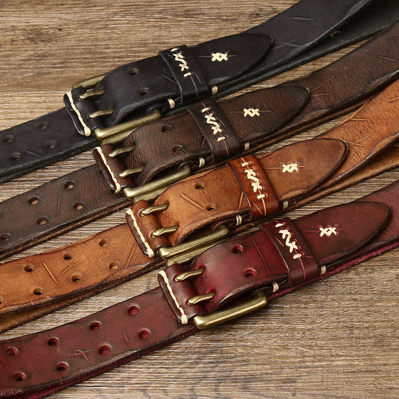Men's Distressed Double Needle Buckle Leather Belt - image 1