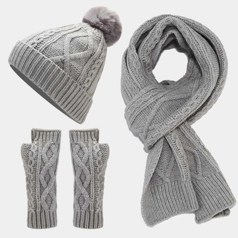 3Pcs Women's Cable Knitted Hat Scarf Fingerless Mittens Set - Gray - Adjustable (22"-22 7/8") - image 14