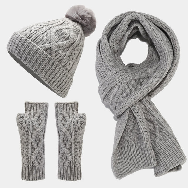 3Pcs Women's Cable Knitted Hat Scarf Fingerless Mittens Set - Gray - Adjustable (22"-22 7/8") - image 14
