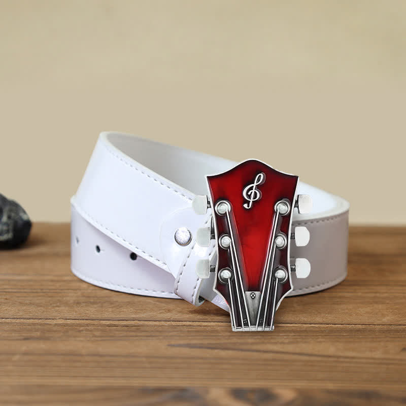 Men's DIY Musical Guitar Headstock Buckle Leather Belt - Red - White PU Belt (40) - image 12