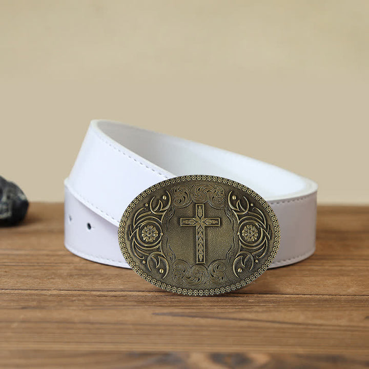 Men's DIY Carved Cross Flower Buckle Leather Belt - Cross - White PU Belt (40) - image 4