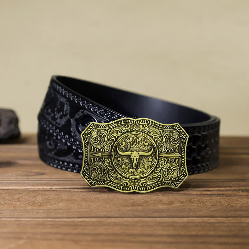 Men's DIY Long Horn Bull Arrow Buckle Leather Belt - Antique Bronze - Black Carved Belt (40) - image 16
