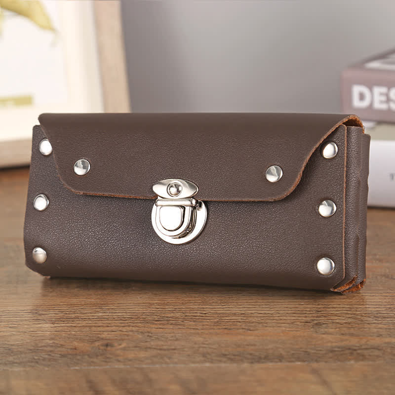 Rivet Decor Button Universal Phone Leather Belt Bag - Brown - Horizonal - image 11