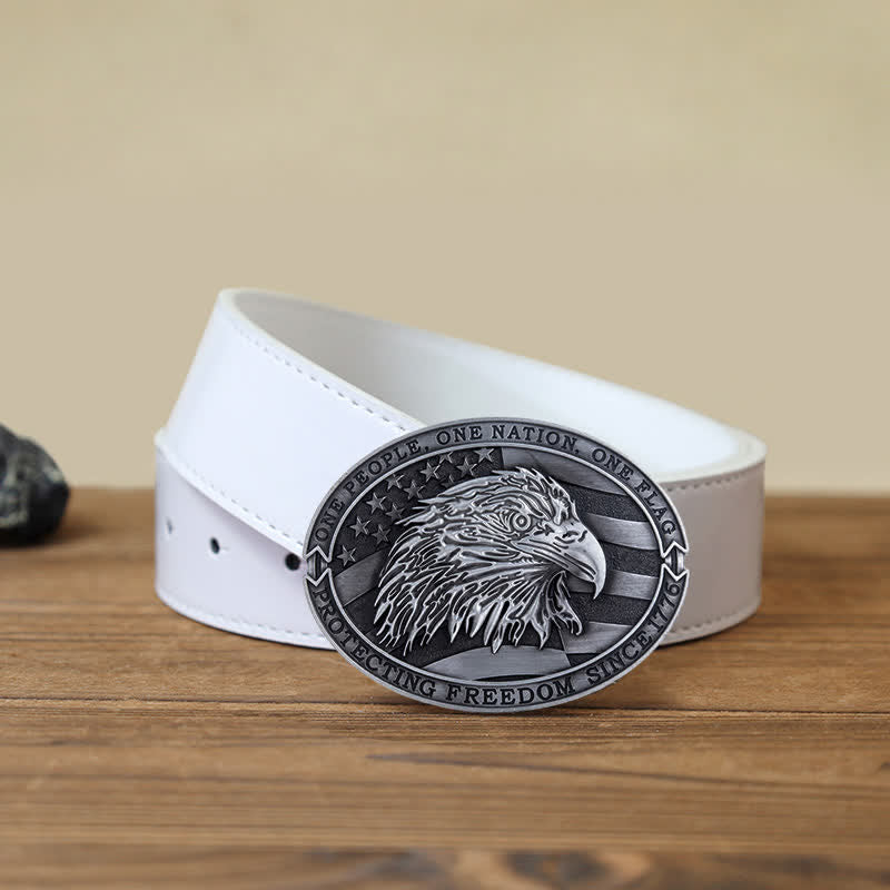 Men's DIY Patriotic Bald Eagle USA Flag Buckle Leather Belt - Antique Silver - White PU Belt (40) - image 9