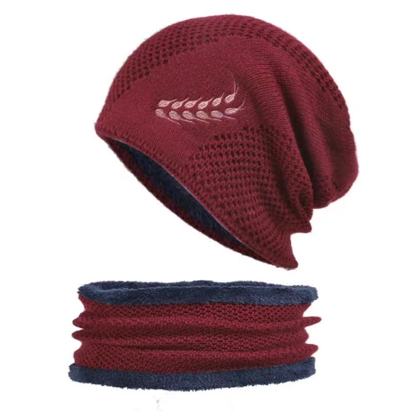 2Pcs Embroidered Wheat Beanie Hat Neck Warmer Set - Burgundy - Adjustable (22"-23 5/8") - image 8