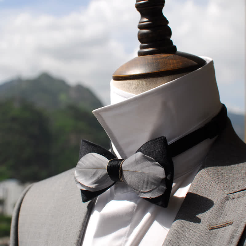 Gray & Black Velvet Feather Bow Tie - image 1