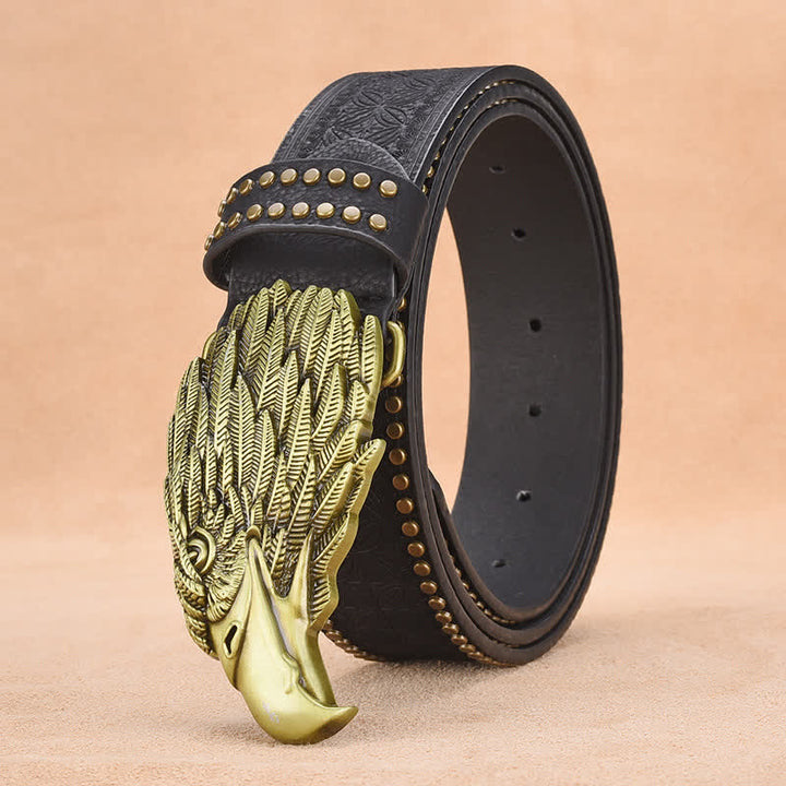 Men's Eagle Vulture Head Steer Rivet Leather Belt - Black - 44 - image 4