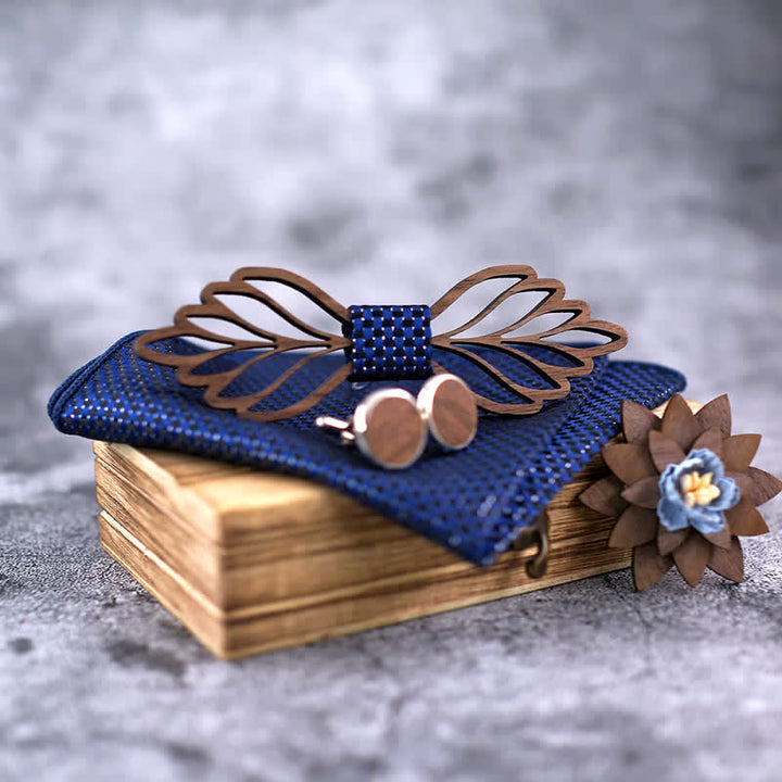 4Pcs Men's Hollow Leaves-shaped Wooden Bow Tie Set - image 6