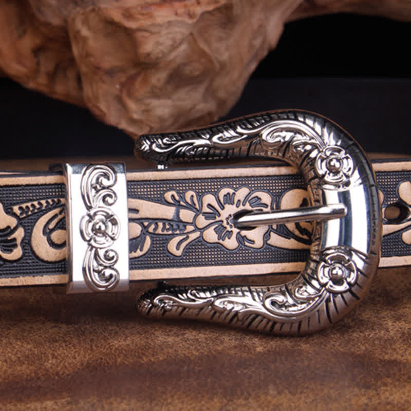 Unisex Vintage Small Rose Embossing Leather Belt - image 1